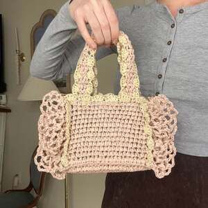 BTB Los Angeles Pastel Crochet Mini Bag, Pink & Cream Ruffle Boho Tote